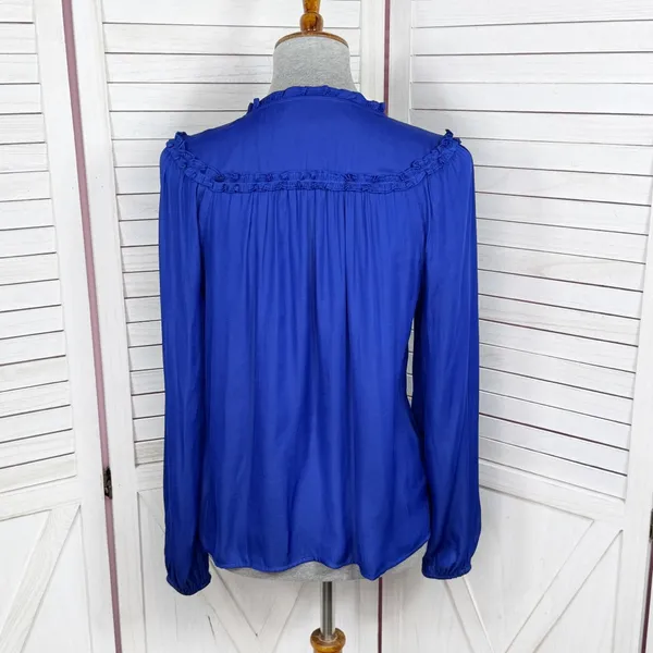 Loft Ruffle Trim Tie Neck Button Up‎ Blouse Long Sleeve Lapis Blue Small - Image 5