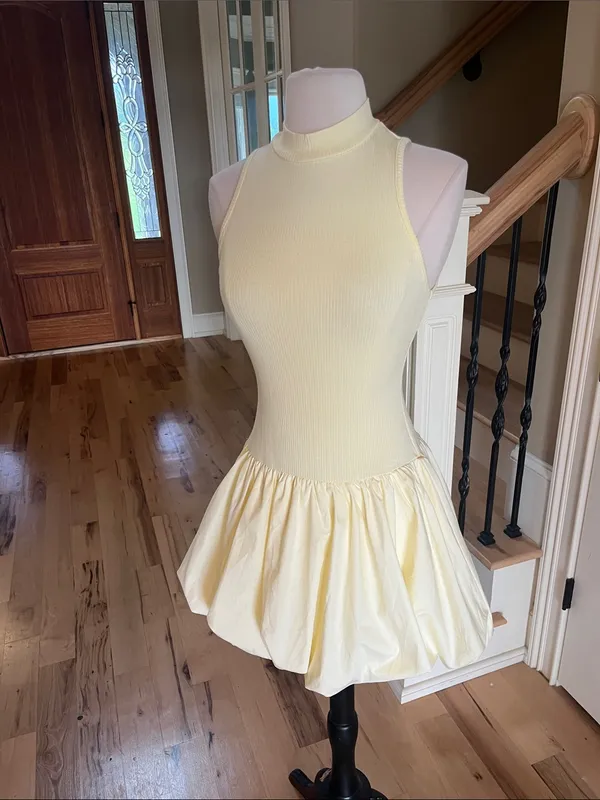 Sleeveless Pastel Yellow Bubble Hem Mini Dress Summer - Image 11