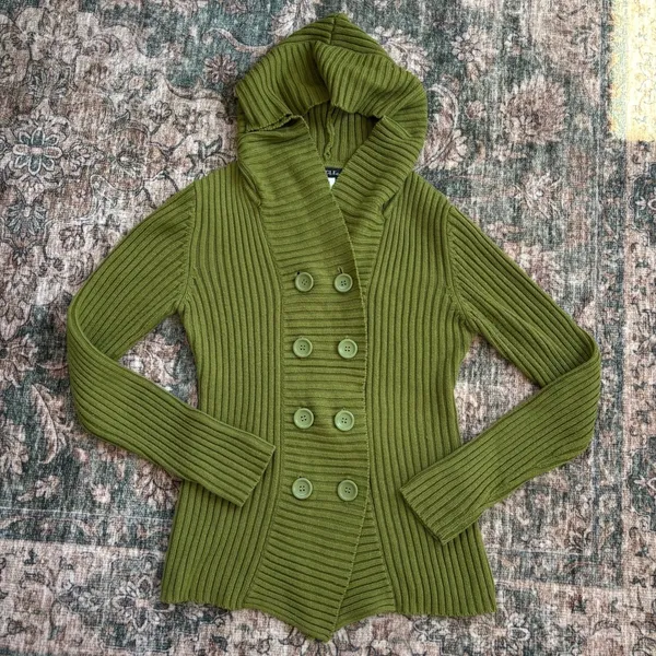 Vintage Mingle Green Ribbed Hooded Cardigan L Y2K Twee Indie Fairy Fall Cyber - Image 4