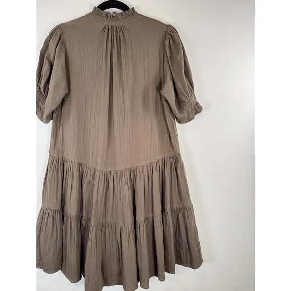 Apiece Apart Womens Dress Brown Las Alturas Mini Tiered Puff Sleeve A Line XS - Image 10
