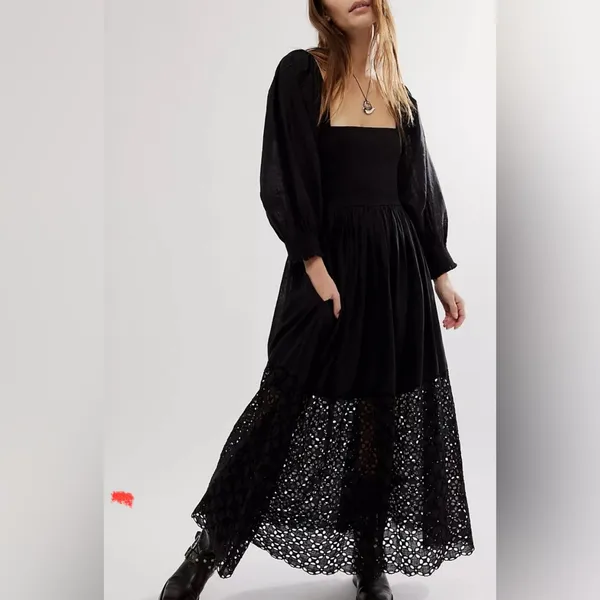Free People Black Storm Dress Balloon‎ Sleeve Eyelet Bohemian Witchy Wednesday - Image 2