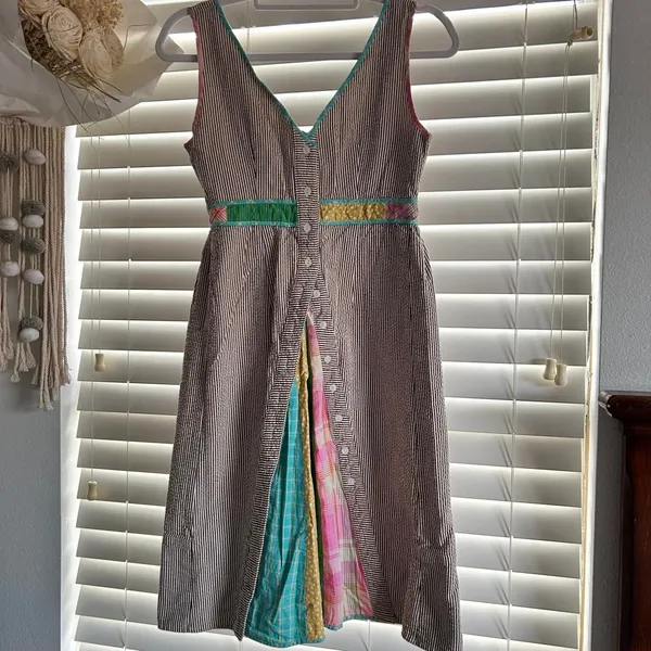 Ivy Jane Striped Patchwork Peekaboo Pleat Dress Size Small artsy prairie cotton - Image 2
