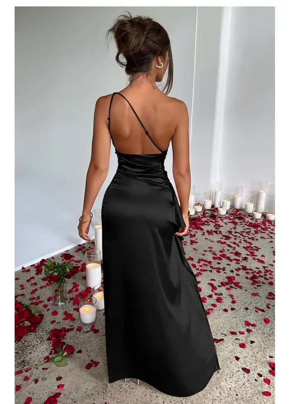 One-Shoulder Black Evening Gown with High Thigh Slit S - Image 3