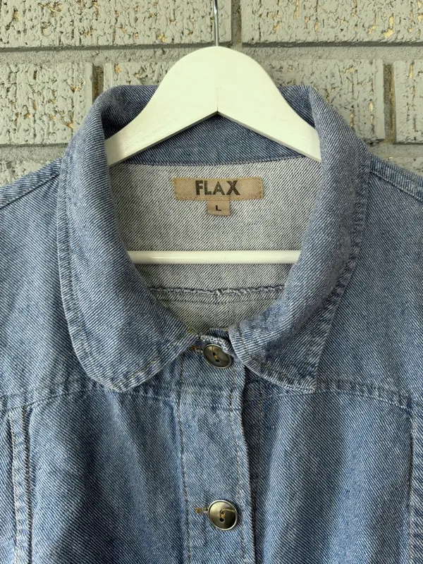 Flax Chambray Denim Jacket Blue Linen Cotton Blend Size Large - Image 2