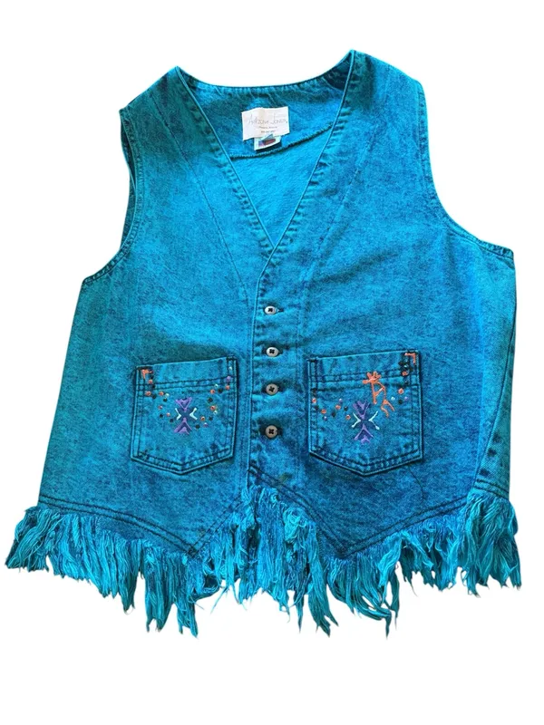 Arizona Jones Acid Denim Vest Sz XL Dyed Fringe Aztec Southwest Festival Tribal - Image 3