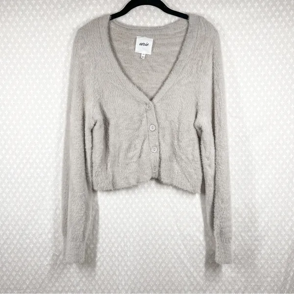 Aerie Cream Taupe Fuzzy Crop‎ Button Cardigan - Image 2