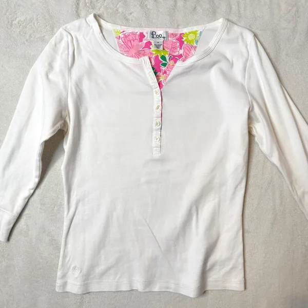 Vintage Lilly Pulitzer White Henley Top Womens M 3/4 Sleeve Cotton Casual Tee - Image 7