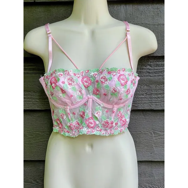 Fairycore Coquette Pink Green Floral Embroidered Corset Top Finesse Olivia M - Image 3