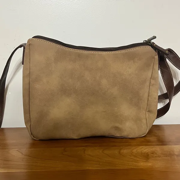 BOC Born Concept Crossbody Bag Tan Faux Suede Brown Trim Stitched‎ Messenger Bag - Image 8