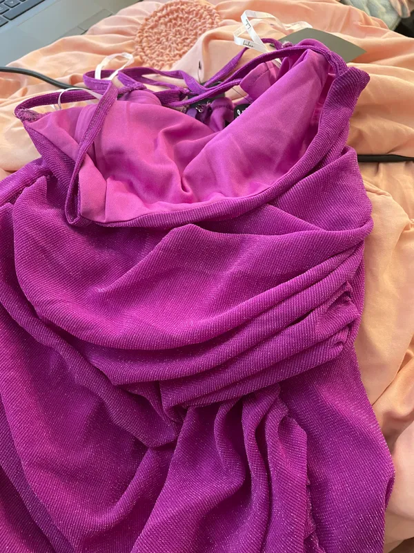 Lulus NWT VIP Mode Shiny Purple Backless Ruched Bodycon Mini Dress - Image 4