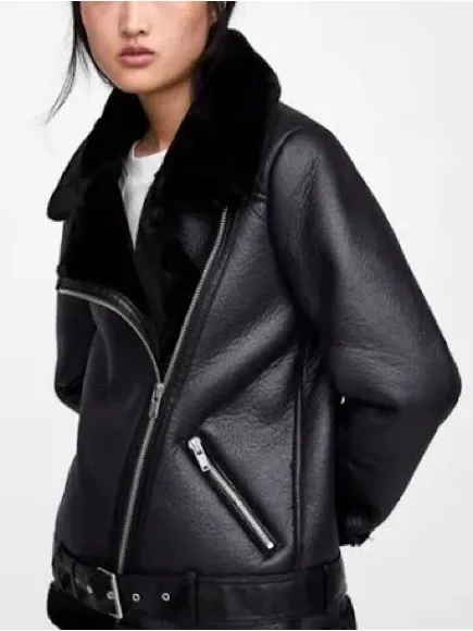 Zara Faux Leather/Fur Black Biker Jacket Size Small - Image 2