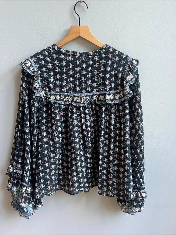 Free People Jenna Top Printed Long Sleeve Blouse Size Small Black Blue White - Image 9