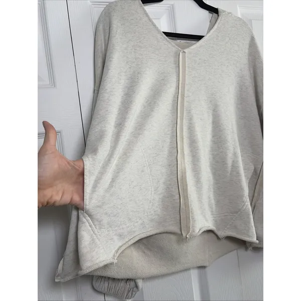 POL Oversized V-Neck Hoodie Womens Size M Oatmeal Heathered Boho Raw Hem Fleece - Image 3