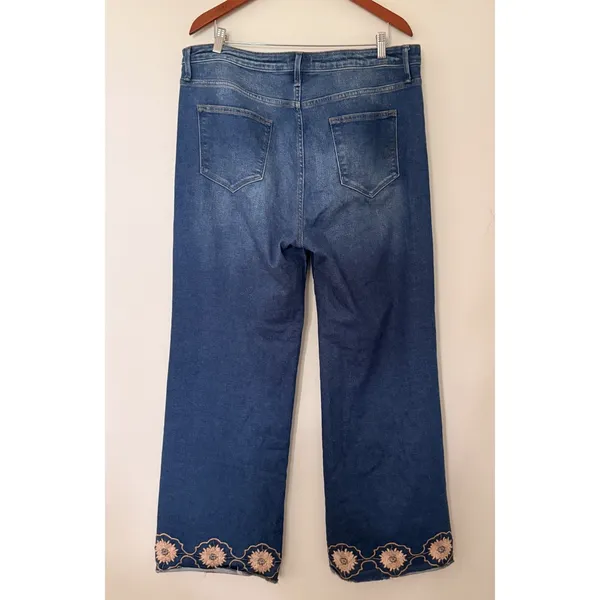 Driftwood Margo Floral Embroidered Wide Leg Seam Jeans Medium Wash Denim 34/29 - Image 3