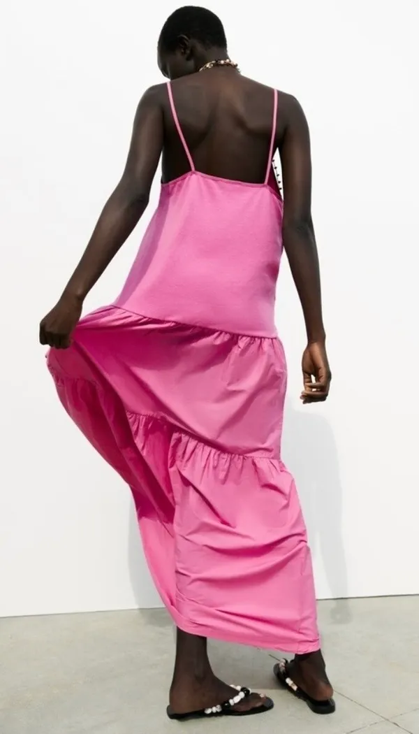 ZARA Mixed Material Drop Waist Tiered Sleeveless Maxi Dress Pink - Image 2