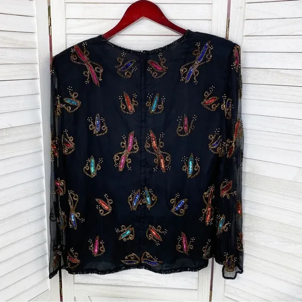 Stenay Vintage Sequin‎ Beaded Silk Blouse Black Multi XL - Image 9
