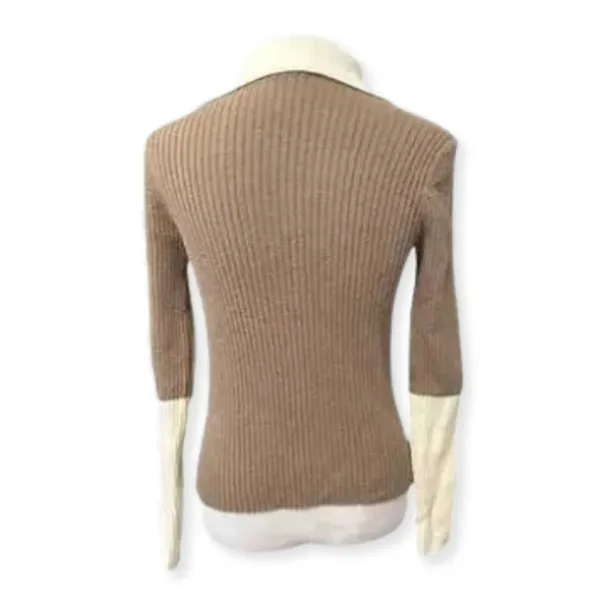 Long Sleeve Sweater Color Block Contrast Quarter Zip Drop Shoulder Beige Brown M - Image 4