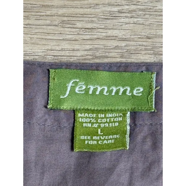 Vintage Femme tunic drawstring waist cotton embroidered flowers brown size L - Image 3