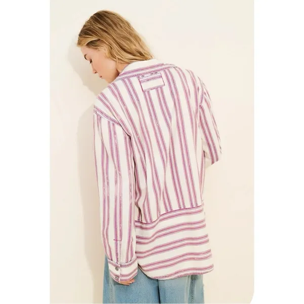 Free People Bohemian Preppy Pullover Shirt Tunic Ivory Stripes Coastal Medium - Image 5
