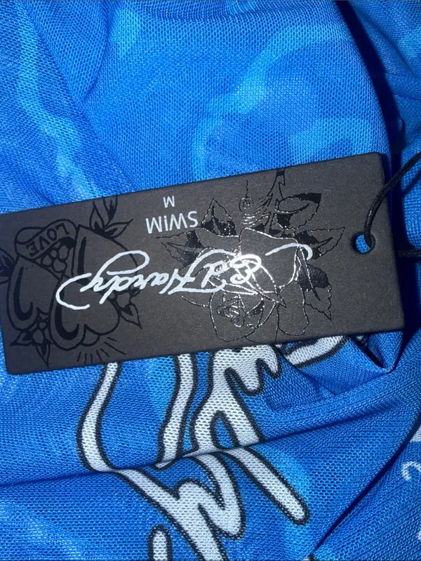 NWT Ed Hardy Swim Blue Flared Bell Bottom Pants Rose Tattoo Print Y2K Medium - Image 8