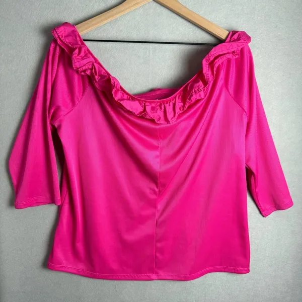 Cato Women’s Pink Ruffle Trim Off the Shoulder 3/4 Sleeve Ribbed Blouse size XL - Image 2
