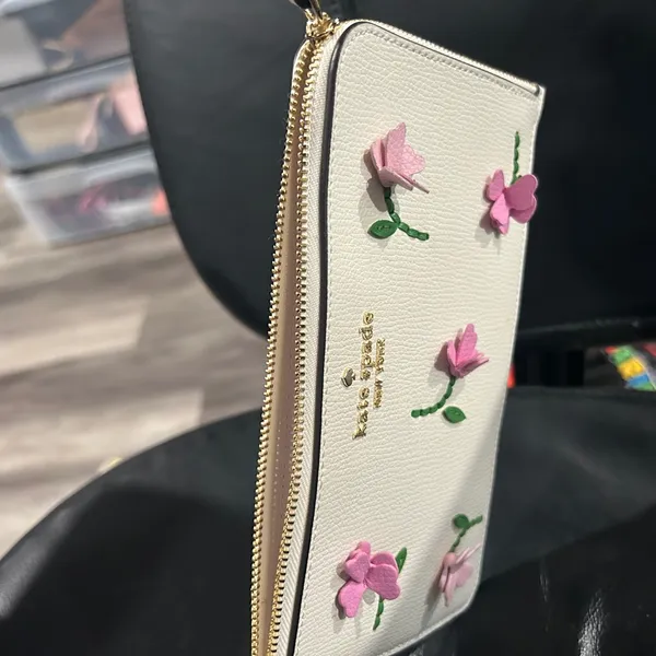 kate spade Cream Wristlet with Pink Floral Appliqués and Green Accents - Image 7