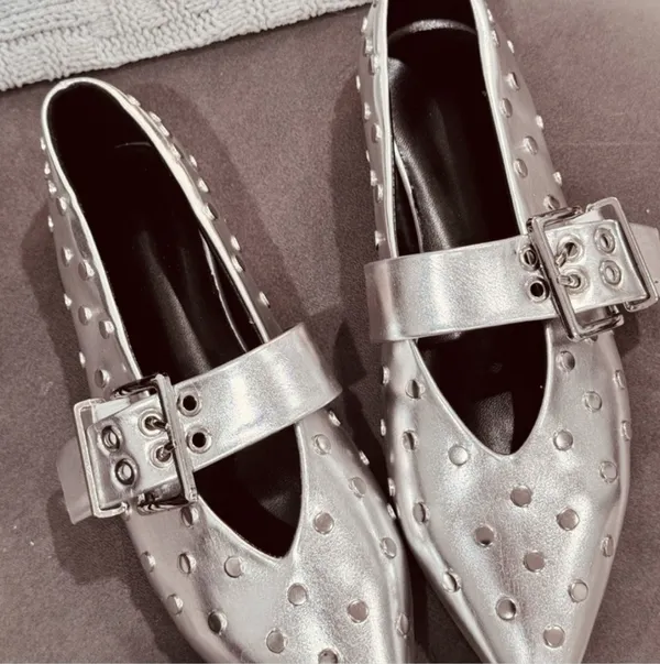 Silver Studded Mary Jane Flats Size 6 - Image 5