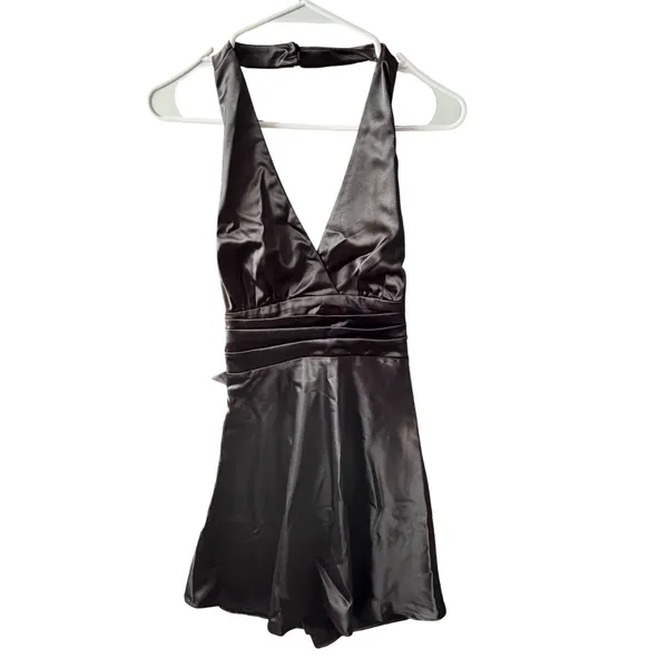 NWT Lulus‎ Darcey Tie Back Mini Dress Black Satin Halter Open Back Skater Medium - Image 6