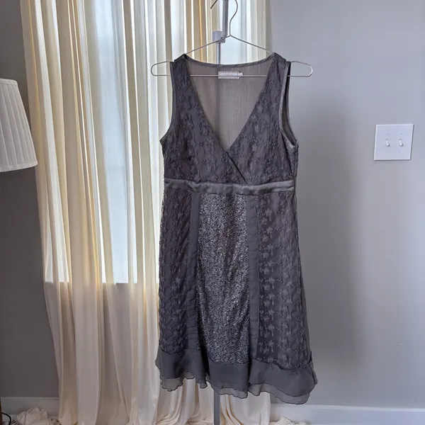 Vintage Cream Lace Midi Dress 34 Gray Sequin Ruffle Y2K Preppy Coquette Cottage - Image 5