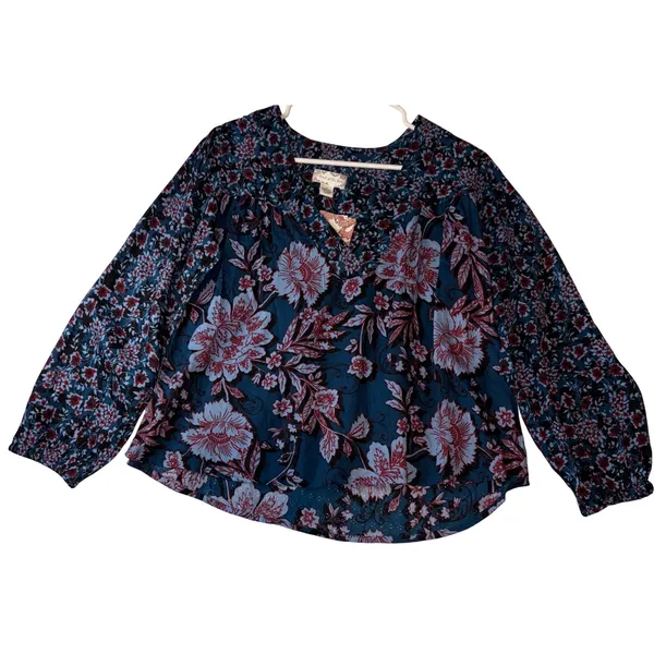 Band of the Free Blue Red Floral V-Neck Long Sleeve Blouse Small NWT - Image 4