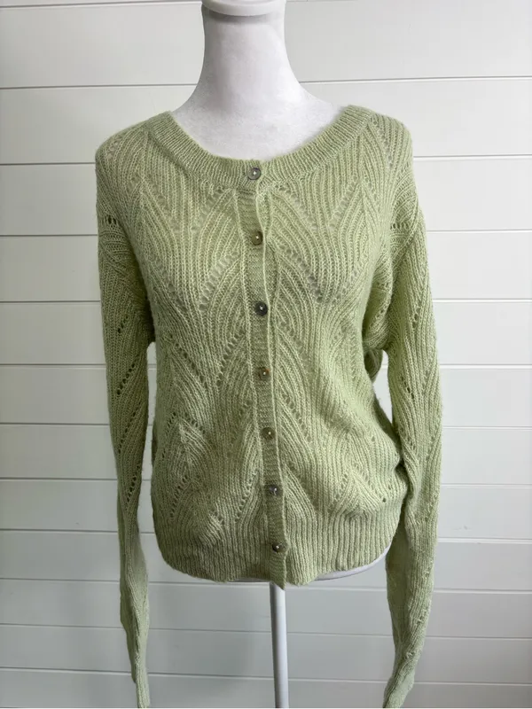Crescent Wool Mohair Blend Saga Green Open Knit Cardigan Sweater Button Front - Image 2