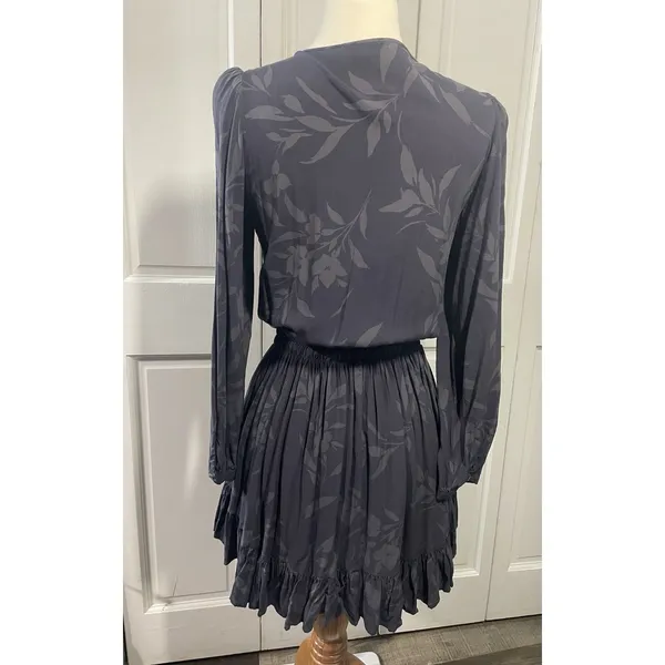 Sundry Floral Print Button Front Tie Waist‎ Long Sleeve Mini Dress Charcoal M - Image 6