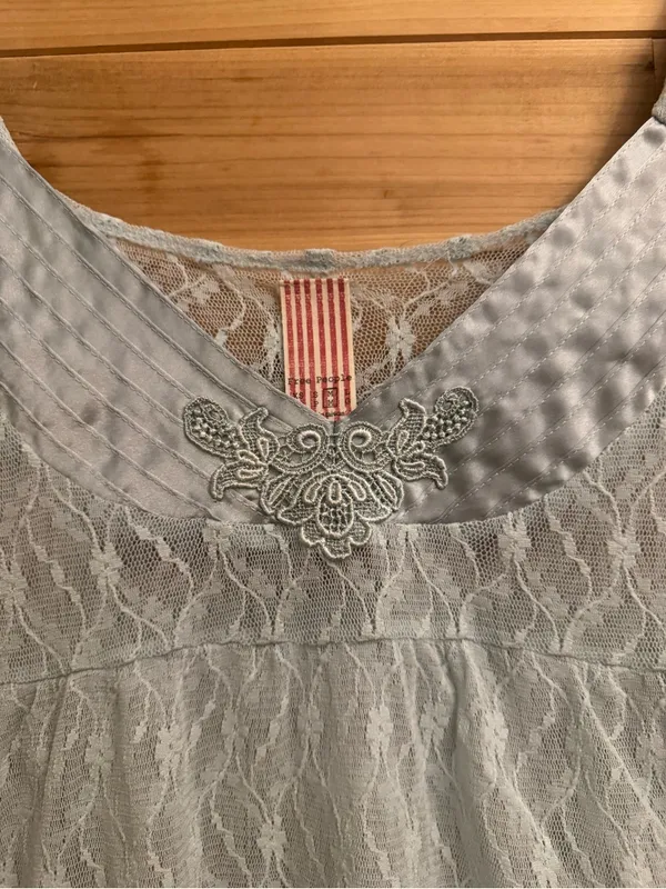 Y2K Free People Medium Baby Blue Babydoll Cap Sleeve Nylon Lace Blouse Coquette - Image 5