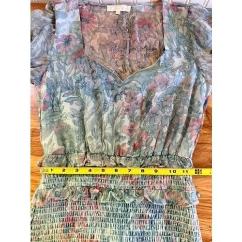 LoveShackFancy Floral Smocked Waist Tiered Midi Dress Sage Green XS - Image 8