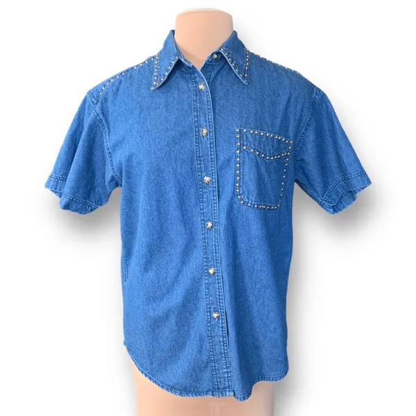 Vintage Studded Denim Western Shirt Medium Blue 90s Boho Festival‎ Cowgirl Top - Image 12