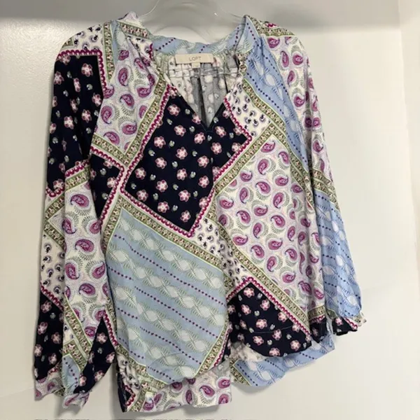 LOFT Womens L Linen Blend Patchwork Paisley Blouse Boho 3/4 Raglan Sleeve Top - Image 3