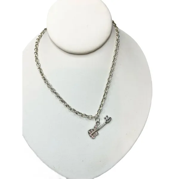 Three silver toned necklace set - guitar pendant, dog paw and square pendant s - Image 6