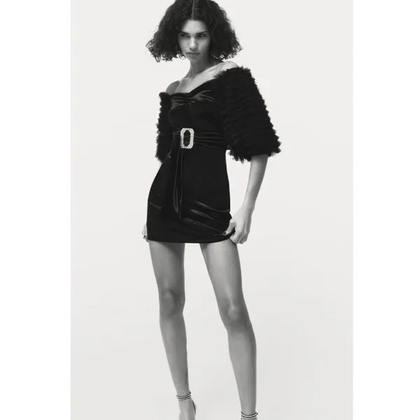 NWT!! ZARA Black Velvet Dress Ruffled Tulle Sleeves Rhinestone Party Cocktail - Image 2