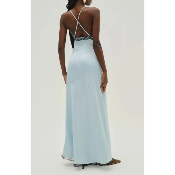 FOR LOVE & LEMONS Mariella Lace Trim Satin Maxi Dress in Blue Size XL - Image 11