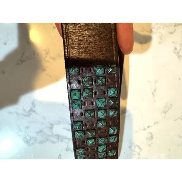 Vintage Brown leather metal turquoise patina studded belt size 34-38” western - Image 10