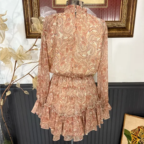 FATE Paisley Smocked Ruffle Neck Balloon Sleeve Flounce Mini Dress Sz S🧡🍄 - Image 7
