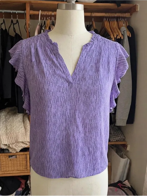 Liz Claiborne Lavender Purple Black Dash-Dot Ruffle Blouse - Size Large - Image 3