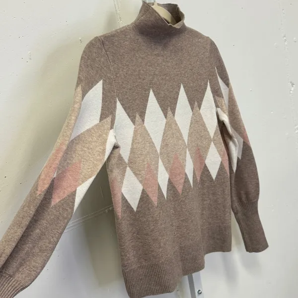 Rachel Zoe Women's Argyle Mock Neck Sweater Diamond Pattern Taupe Pink Cream Med - Image 5