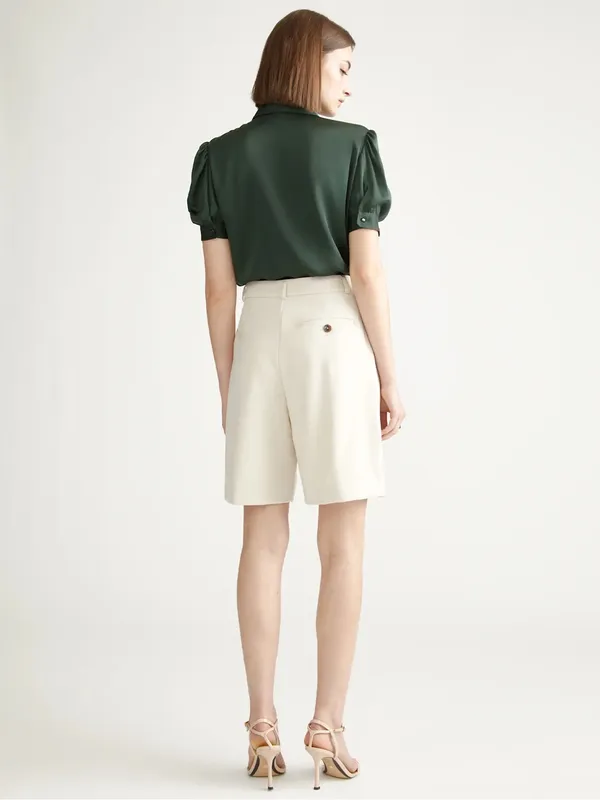 Quince Washable Stretch Silk Puff Sleeve Blouse Forest Green Sz M Contemporary - Image 5