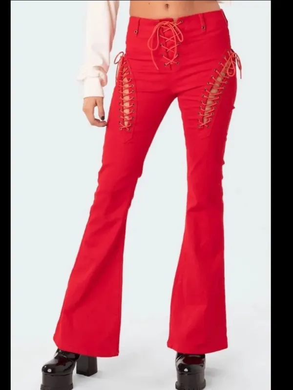 Edikted × Dolls Kill Small Engine Red Corset Flare Jeans Pants Lace - Image 5