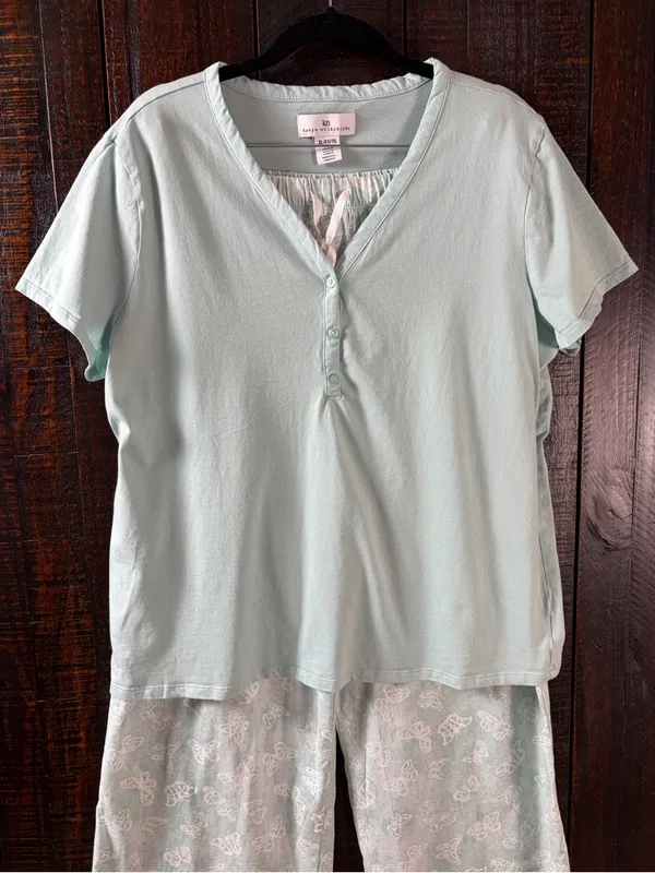 Karen Neuburger Light Turquoise Short Sleeve Pajama Set Wide Leg Capri XL - Image 3