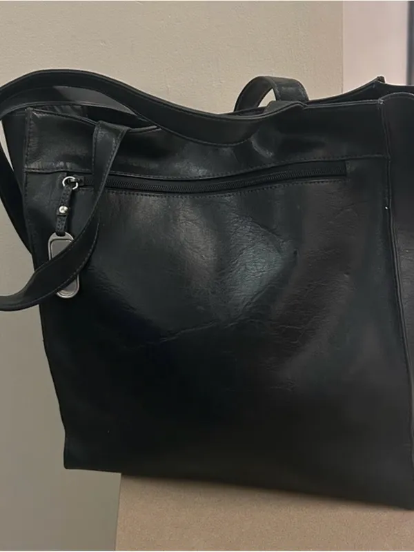 Vintage 80’s Everyday Black Faux-Leather Tote with Front Zip Pocket ta tong - Image 2