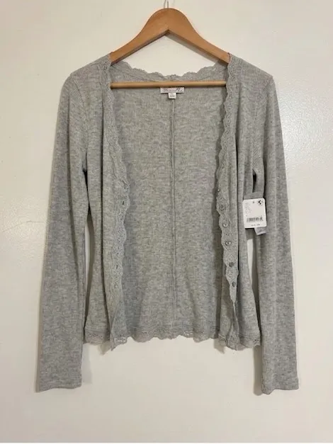 NWT Free people Big Love Ribbed Cardigan Elegant Grey Lace-Trimmed Medium - Image 8