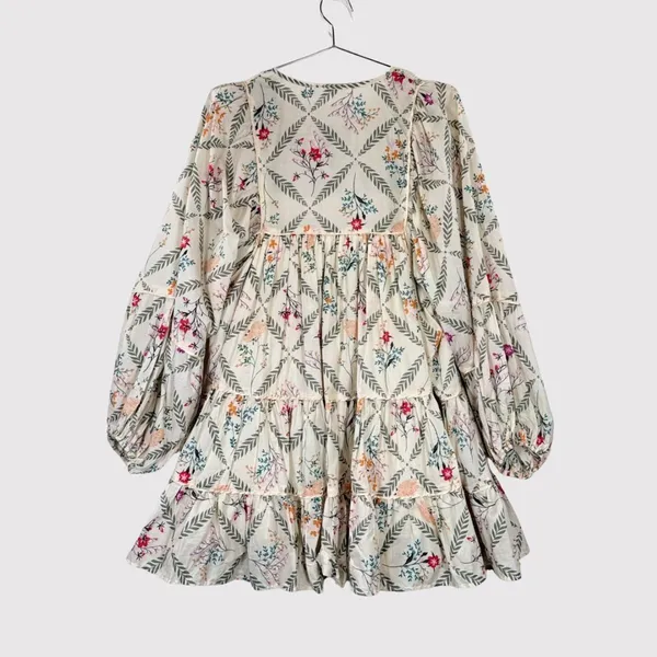 Talulah Mini Dress Beige Floral Smocked Tiered Flowy Peasant Boho Babydoll Small - Image 3