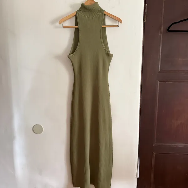 MESHKI Olive Green Rib Knit Turtleneck Sleeveless Midi Dress Extra Large Bodycon - Image 5